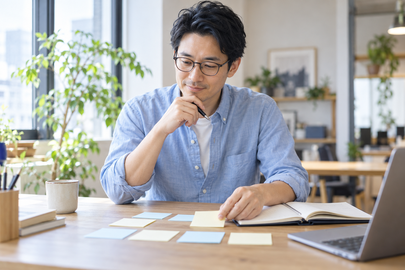 付箋と手帳を使って副業の活動計画を整理する男性
