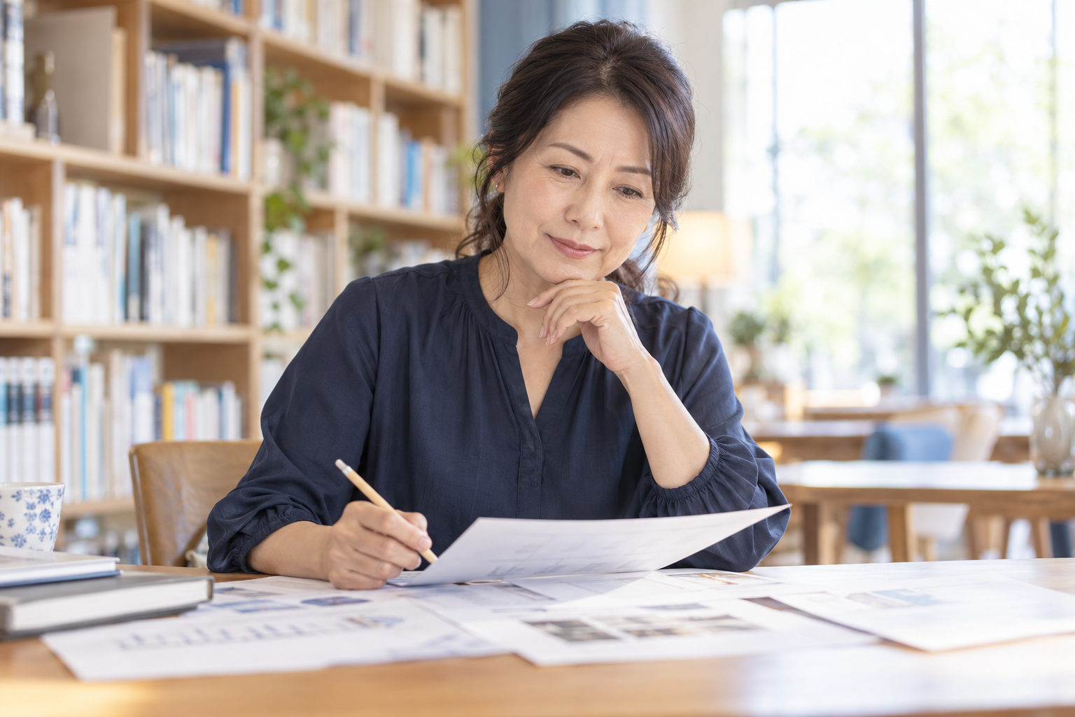 資料を読みながら自分の経験と仕事の機会を見直す女性