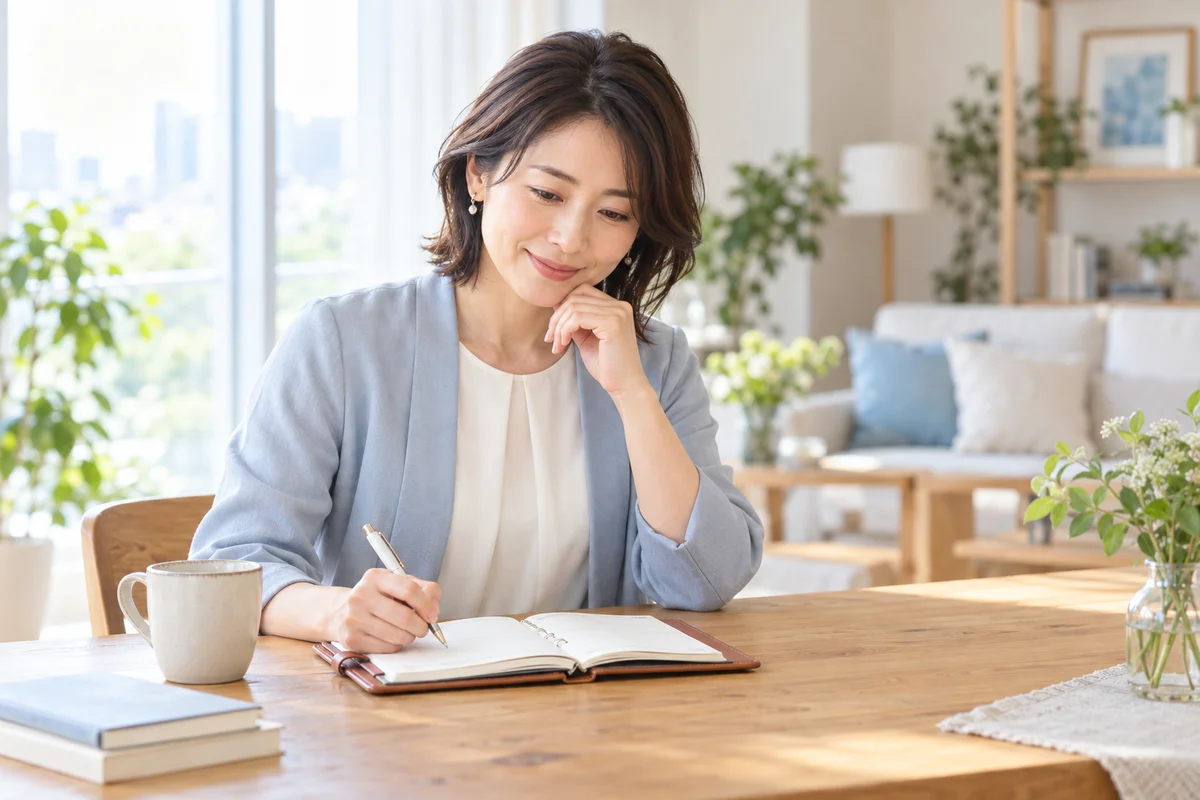 明るい机で手帳を開き、これからの計画を考える人